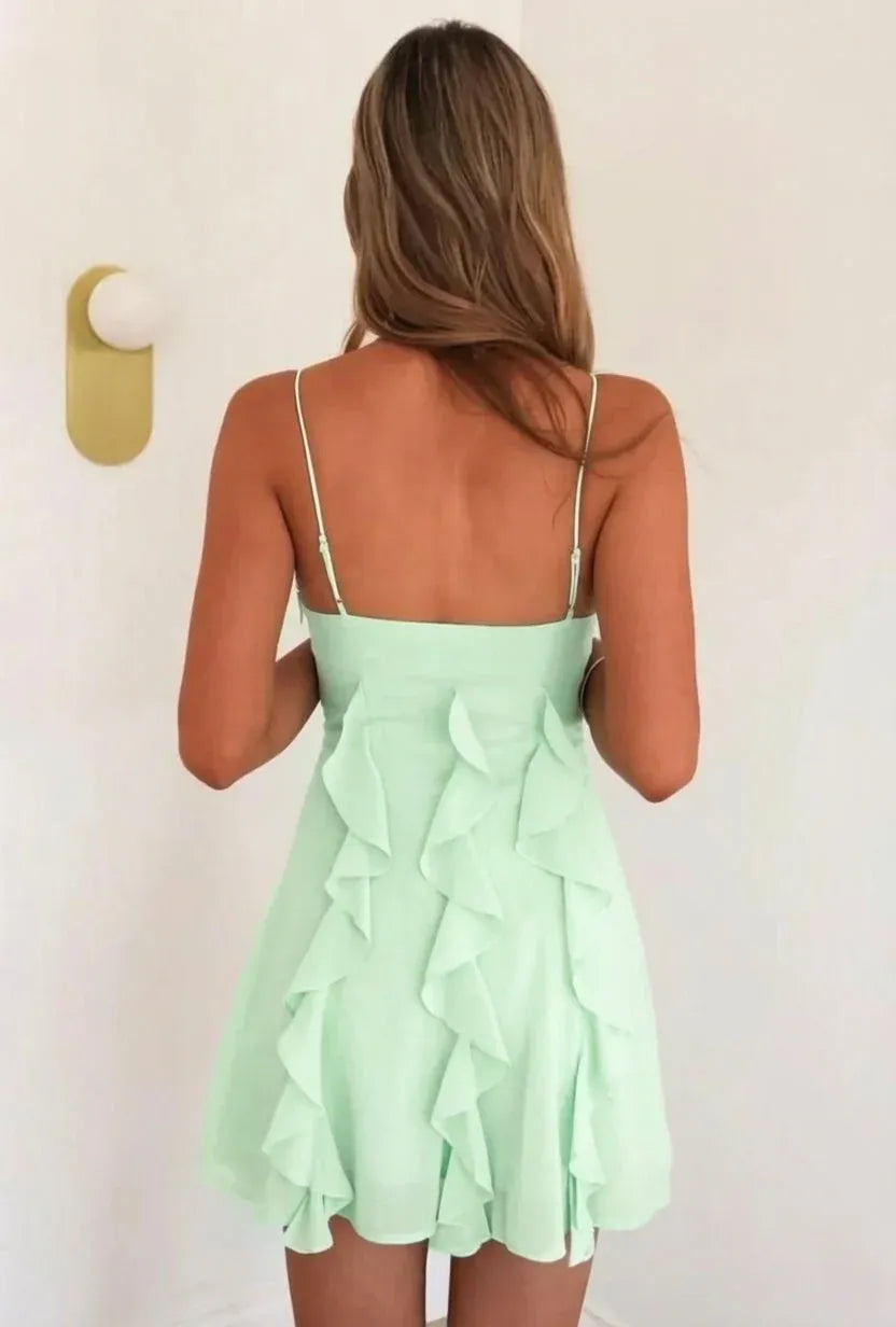 Dreamy A-Line Sweetheart Spaghetti Strap Straight Back Ruffle Mini Homecoming Dress