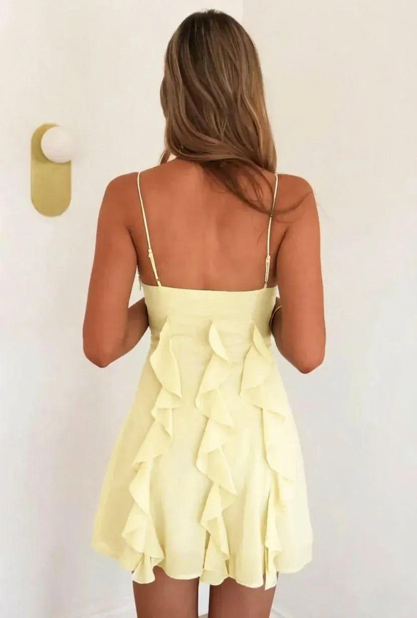 Dreamy A-Line Sweetheart Spaghetti Strap Straight Back Ruffle Mini Homecoming Dress