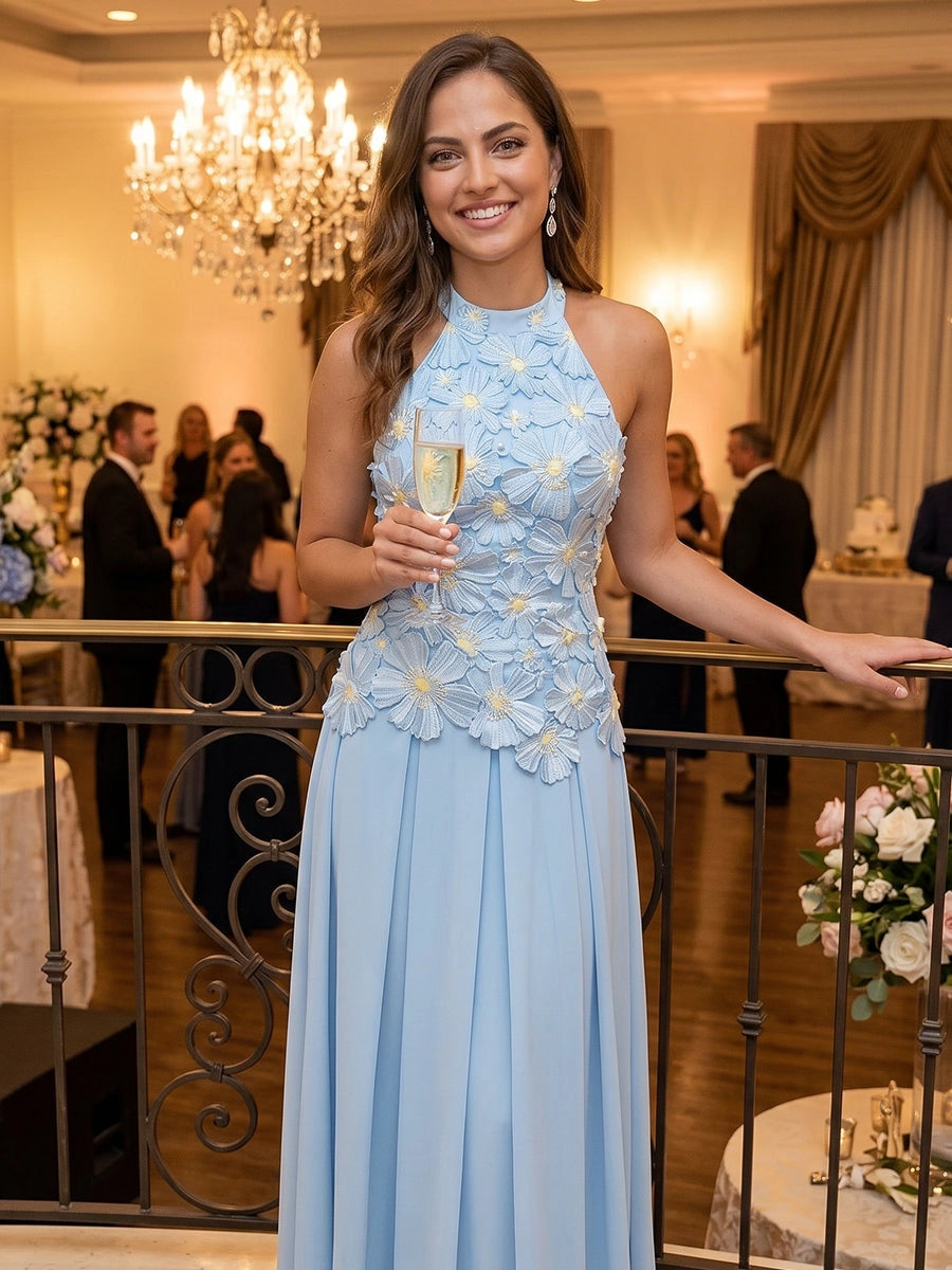 Romantic A Line Halter Neck Sleeveless Chiffon Floor Length Evening Dress