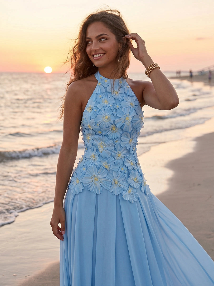 Romantic A Line Halter Neck Sleeveless Chiffon Floor Length Evening Dress