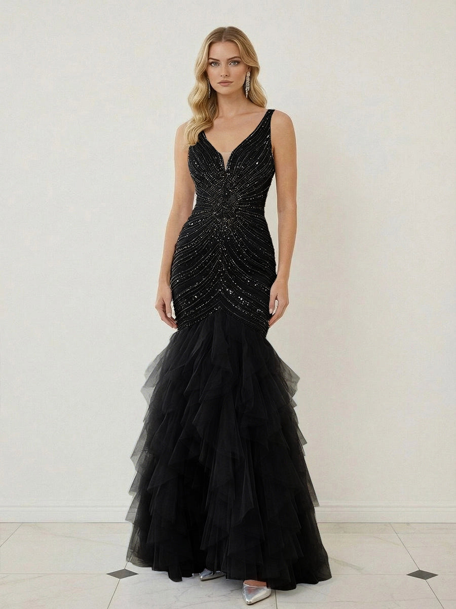 Glamorous Beaded Tulle Mermaid V-Neck Sleeveless V-Back Ruffled Floor-Length Prom Dress