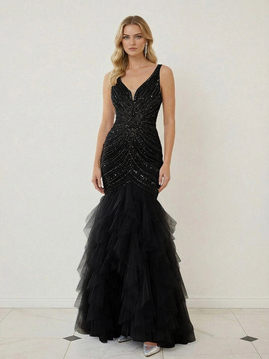 Glamorous Beaded Tulle Mermaid V-Neck Sleeveless V-Back Ruffled Floor-Length Prom Dress