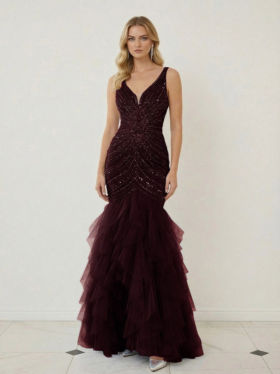 Glamorous Beaded Tulle Mermaid V-Neck Sleeveless V-Back Ruffled Floor-Length Prom Dress