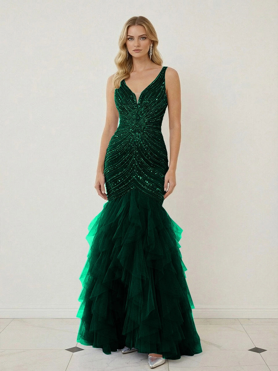 Glamorous Beaded Tulle Mermaid V-Neck Sleeveless V-Back Ruffled Floor-Length Prom Dress