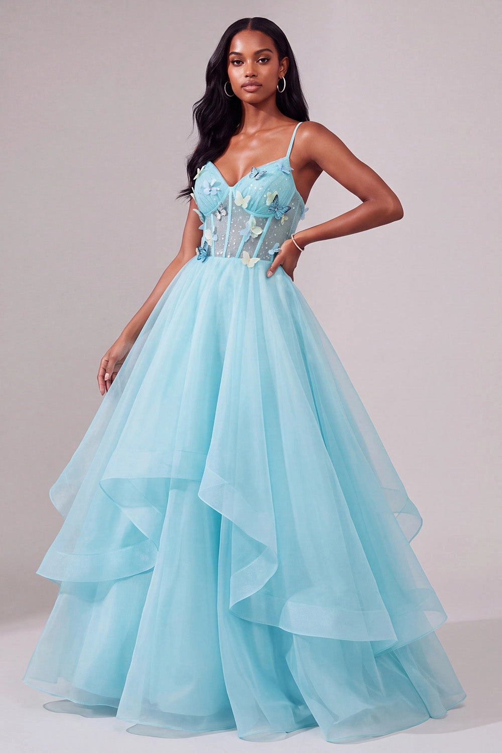 Loverlm light blue butterfly tulle prom dress spaghetti strap V neck corset formal gown