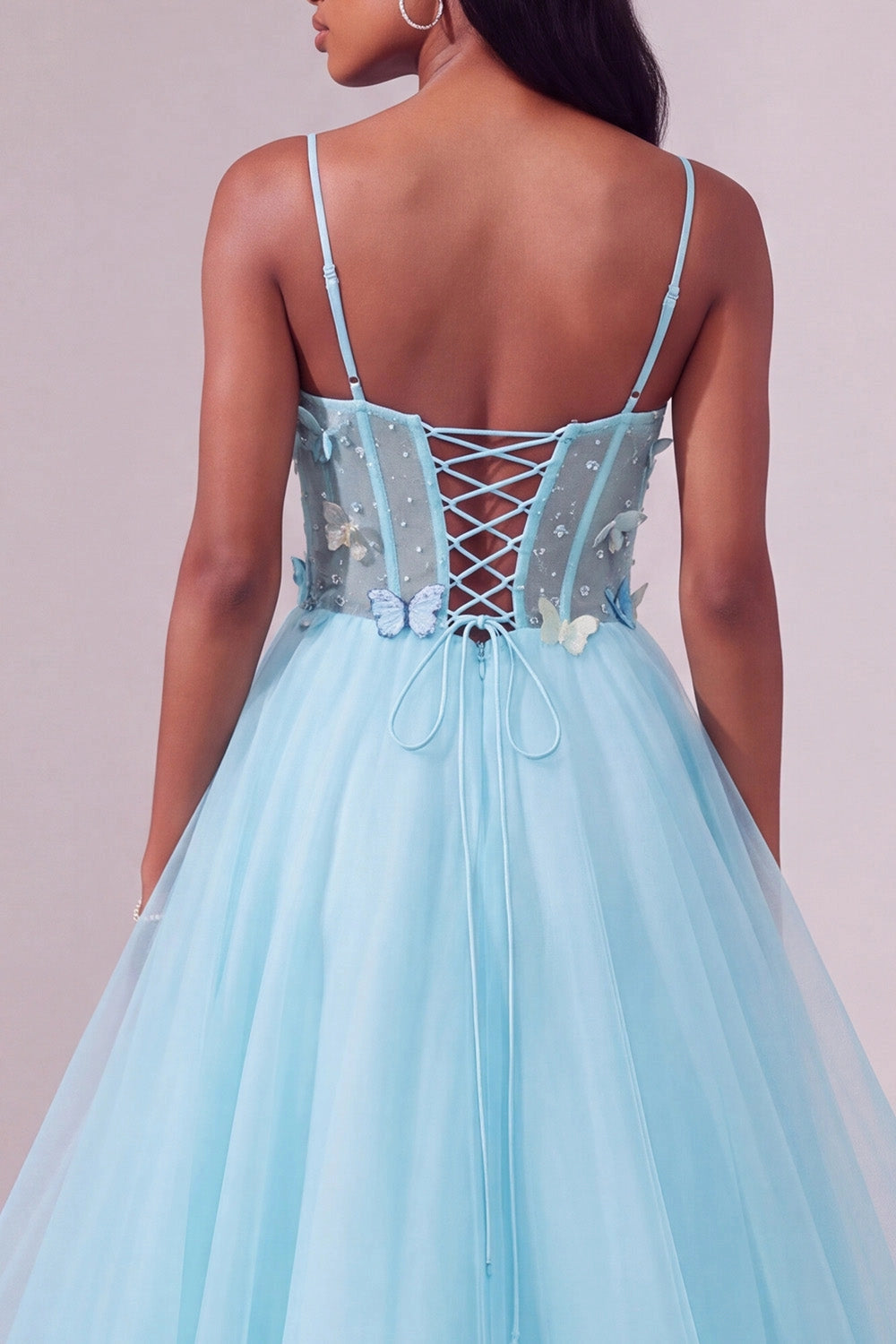 Dreamy A-line V Neck Spaghetti Strap Crisscross Lace Up Back Ruffled Tiered Floor Length Prom Dress