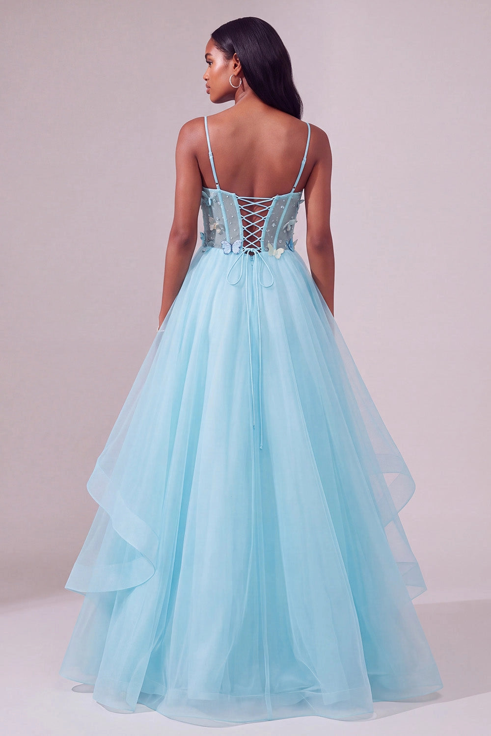 Dreamy A-line V Neck Spaghetti Strap Crisscross Lace Up Back Ruffled Tiered Floor Length Prom Dress