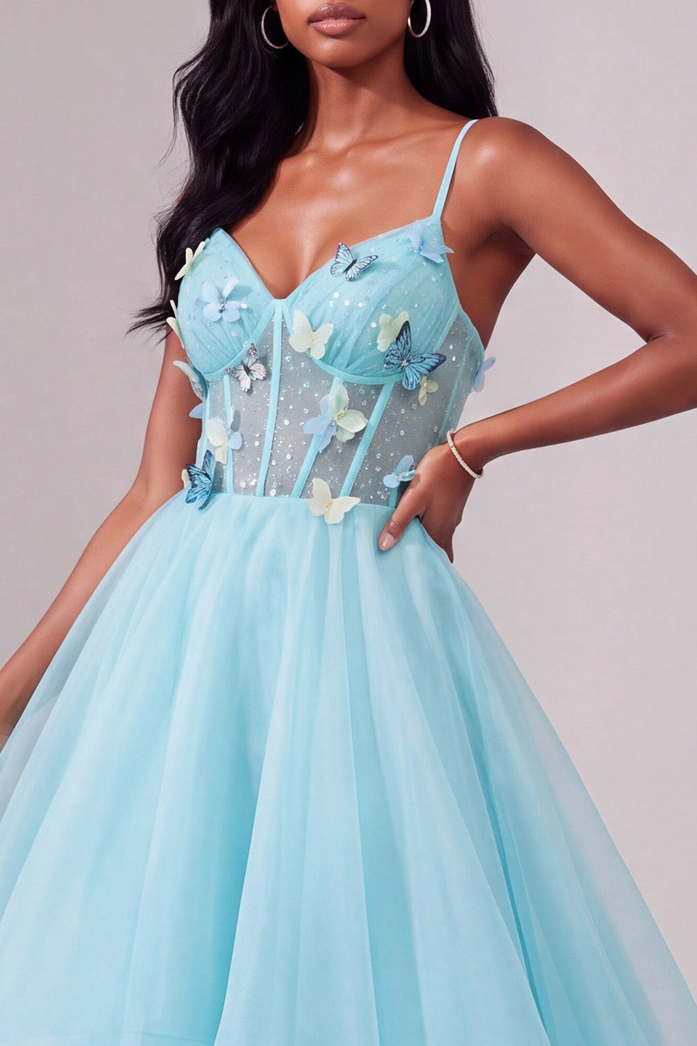 Dreamy A-line V Neck Spaghetti Strap Crisscross Lace Up Back Ruffled Tiered Floor Length Prom Dress