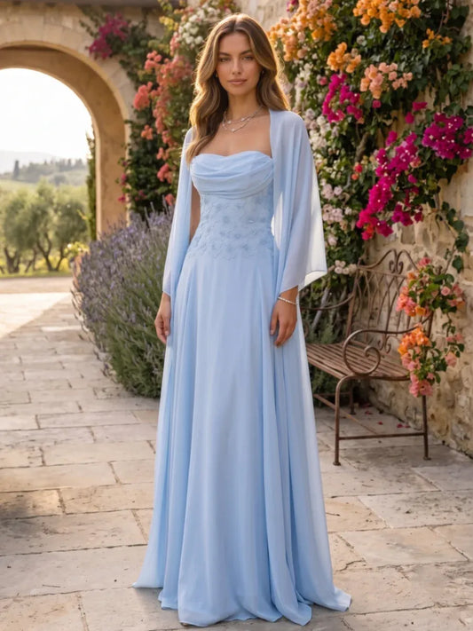 Loverlm light blue floor length evening dress with draped neckline cape sleeves and floral waist detail