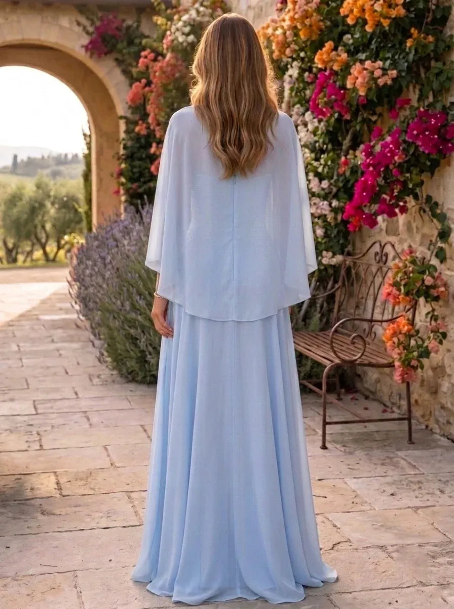 Elegant A-Line Cowl Neck Cape Sleeve Covered Back Floor Length Evening Dress
