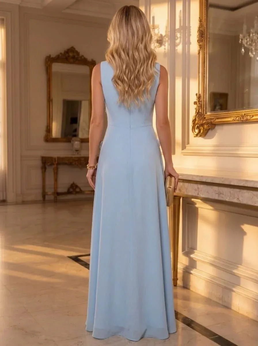 Elegant A-Line Cowl-Neck Sleeveless Zip-Back Floral Ruffle Floor-Length Evening Dress