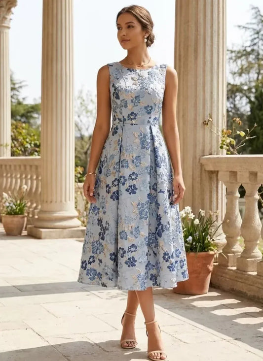 Loverlm light blue floral round neck A-line wedding guest dress front view