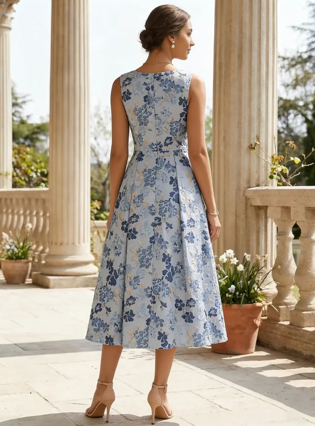 Elegant A-Line Round Neck Sleeveless Zipper Back Tea-Length Wedding Guest Dress
