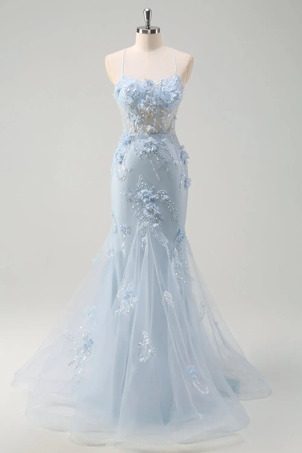 Romantic Mermaid Sweetheart Spaghetti Strap Lace Up Floor Length Blue Prom Dress