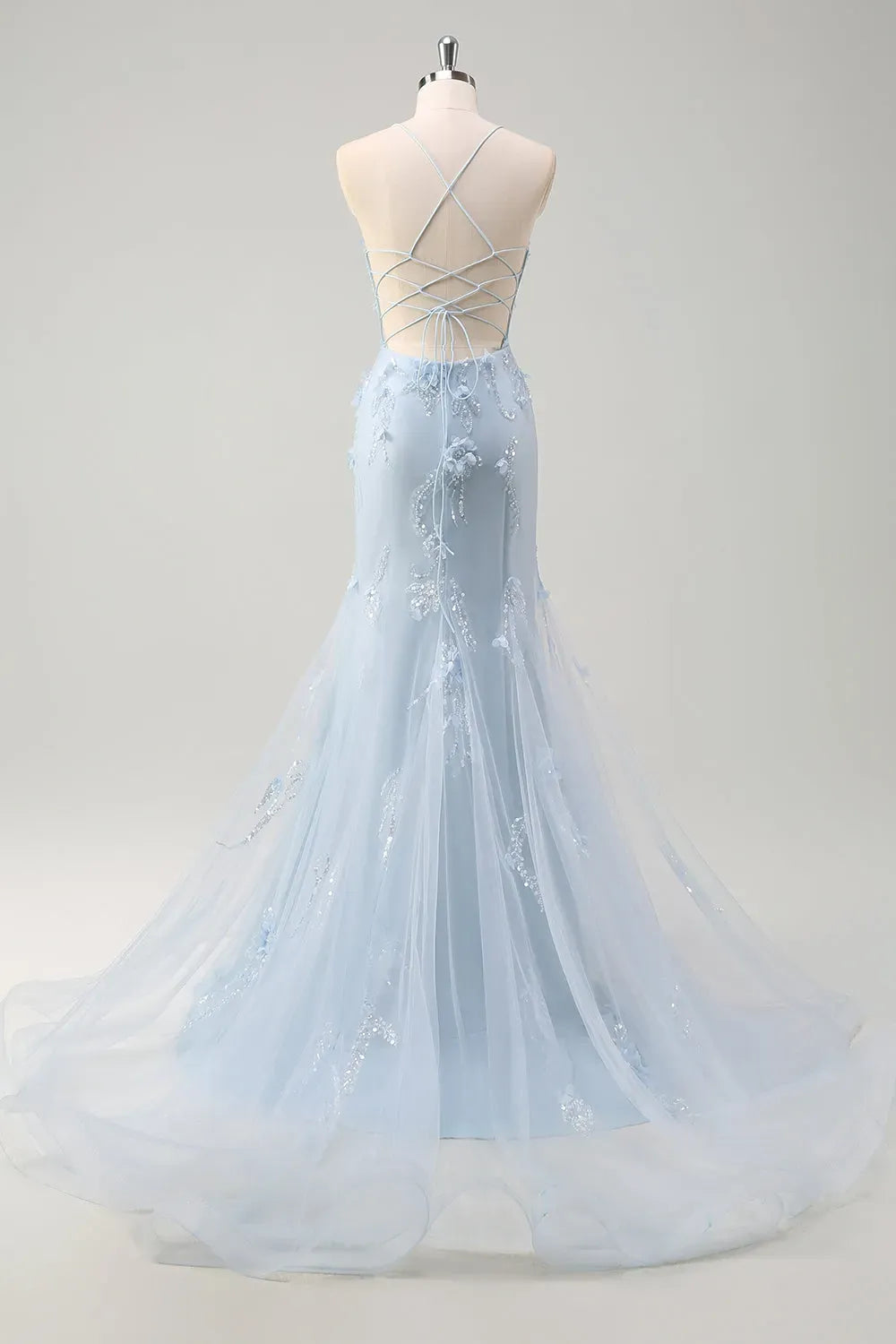 Romantic Mermaid Sweetheart Spaghetti Strap Lace Up Floor Length Blue Prom Dress