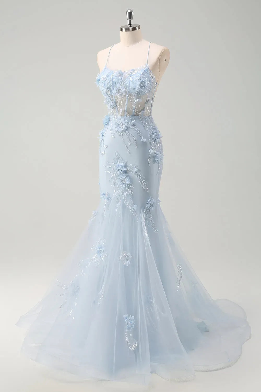 Romantic Mermaid Sweetheart Spaghetti Strap Lace Up Floor Length Blue Prom Dress