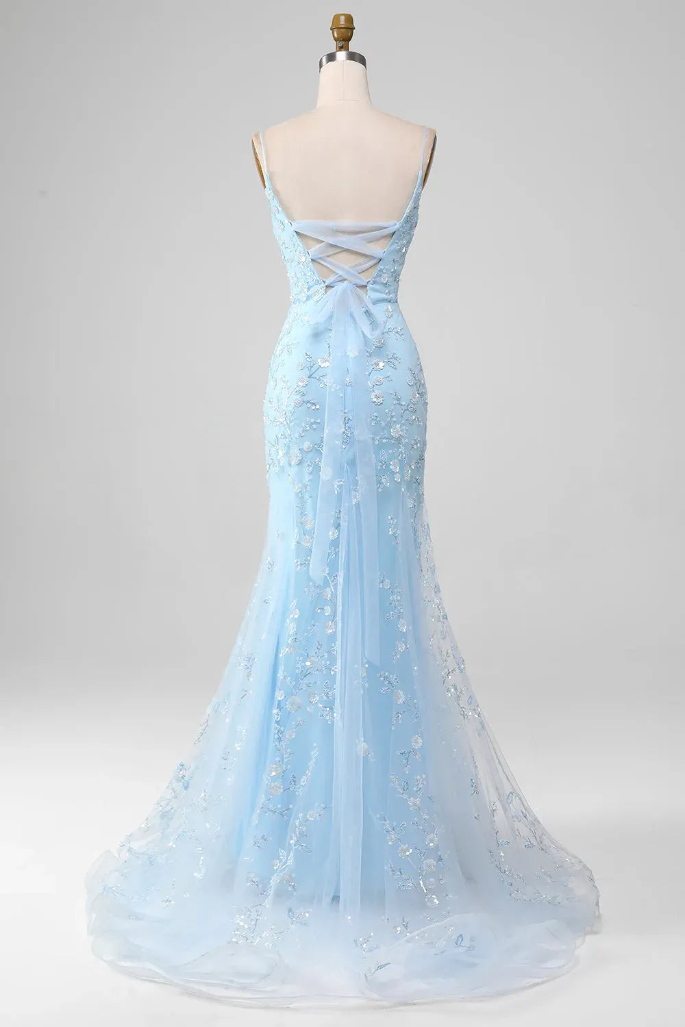 Romantic Mermaid Square Neck Spaghetti Strap Lace Up Light Blue Prom Dress