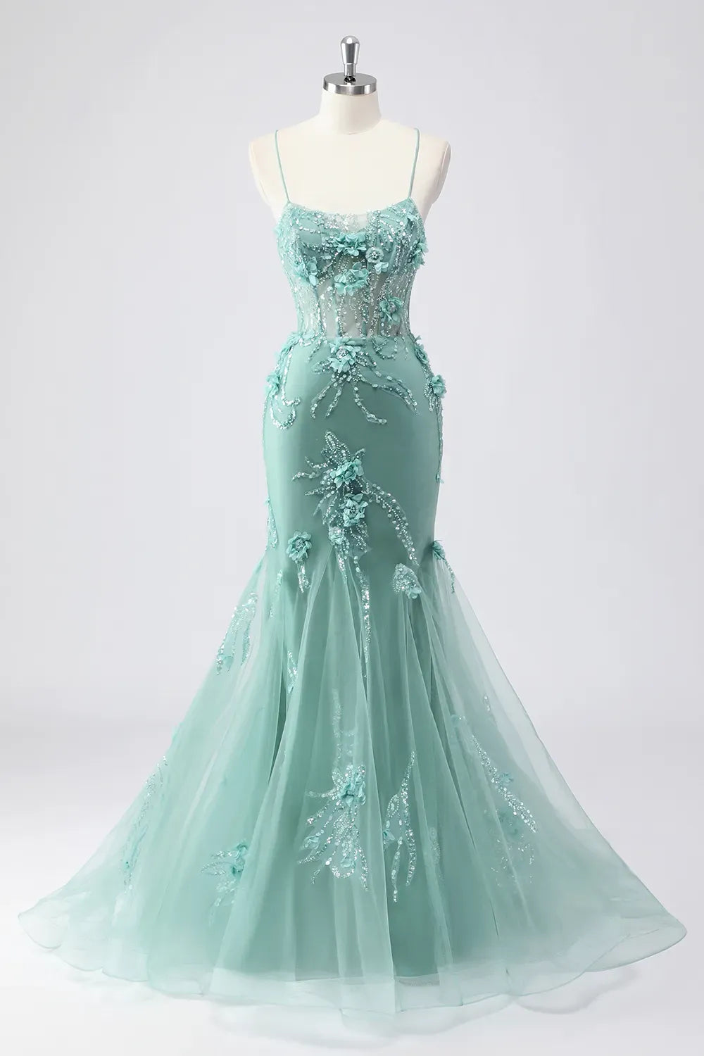 Romantic Mermaid Sweetheart Spaghetti Strap Lace Up Floor Length Blue Prom Dress