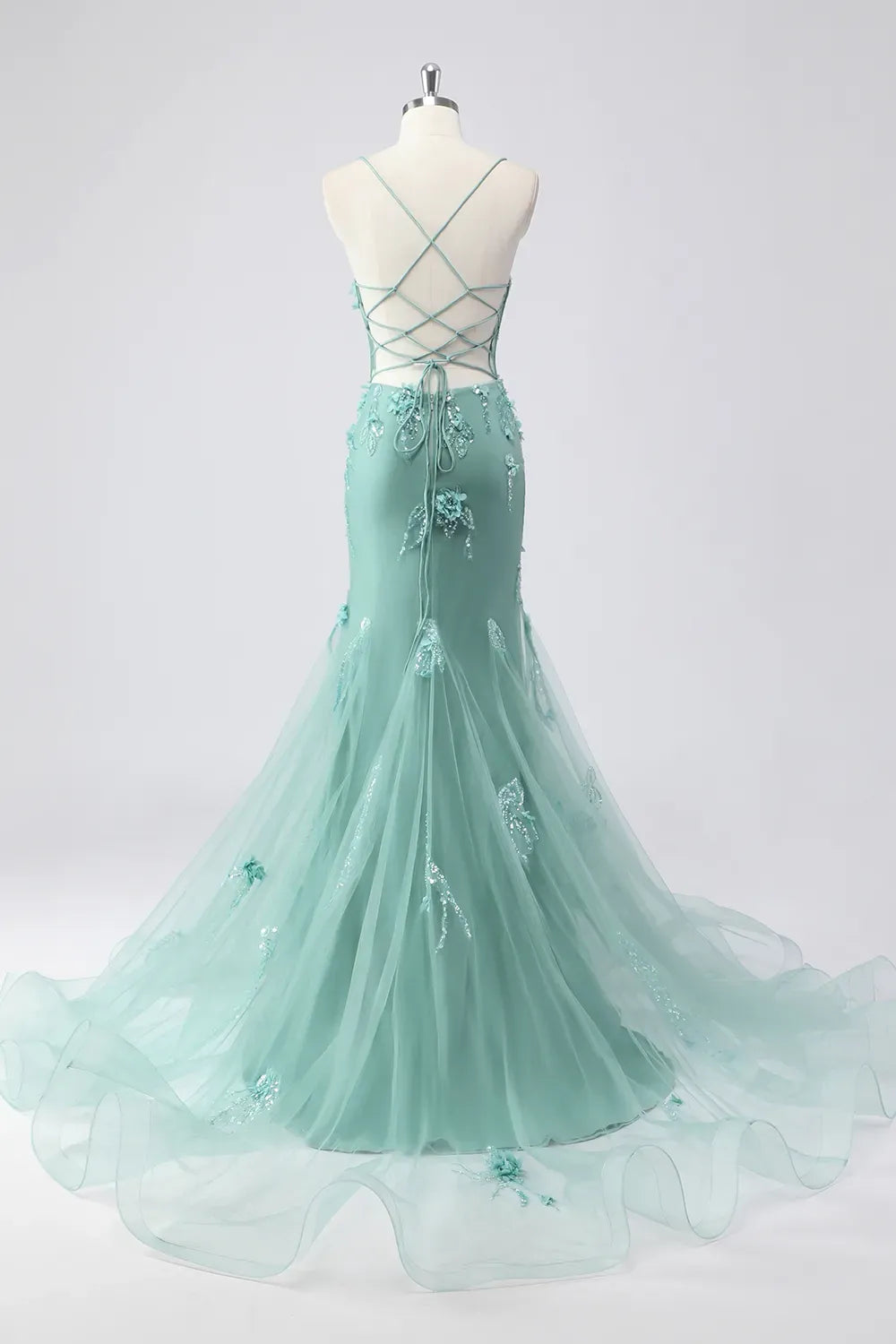 Romantic Mermaid Sweetheart Spaghetti Strap Lace Up Floor Length Blue Prom Dress