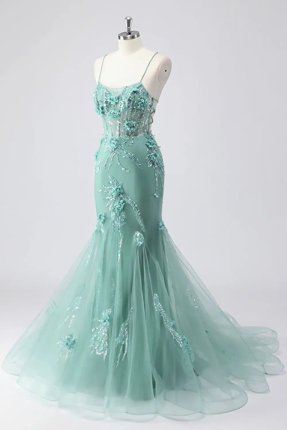 Romantic Mermaid Sweetheart Spaghetti Strap Lace Up Floor Length Blue Prom Dress