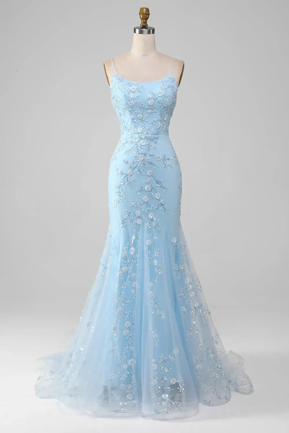 Romantic Mermaid Square Neck Spaghetti Strap Lace Up Light Blue Prom Dress