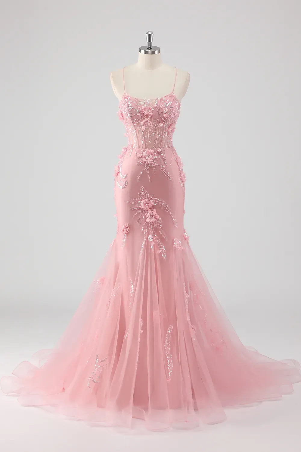 Romantic Mermaid Sweetheart Spaghetti Strap Lace Up Floor Length Blue Prom Dress