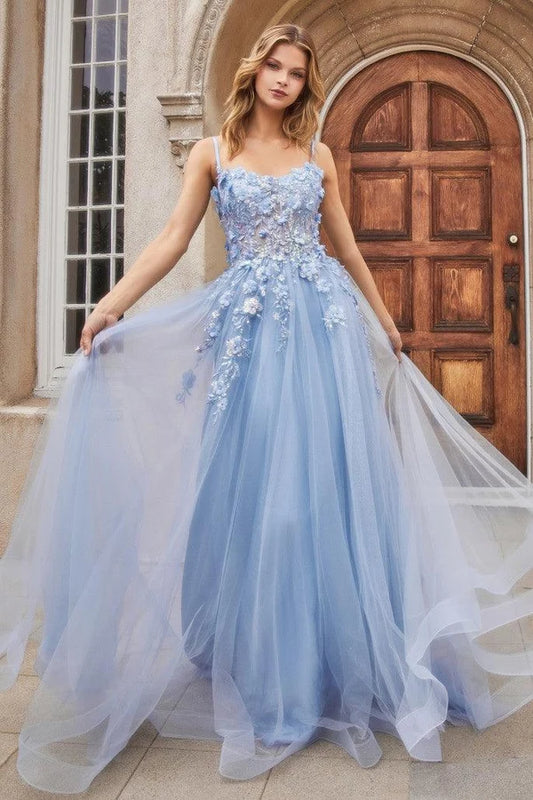 Loverlm light blue prom dress with floral embellished bodice spaghetti straps and layered tulle A-line floor-length skirt