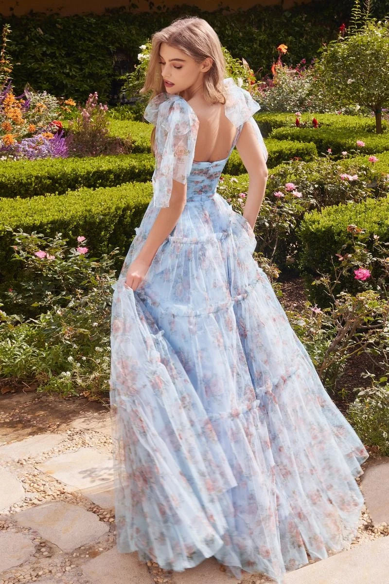 Romantic A-Line Sweetheart Bow-Strap Open-Back Tiered Floor-Length Wedding Guest Dress