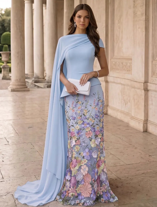Loverlm light blue floral mother of the bride dress with draped cape