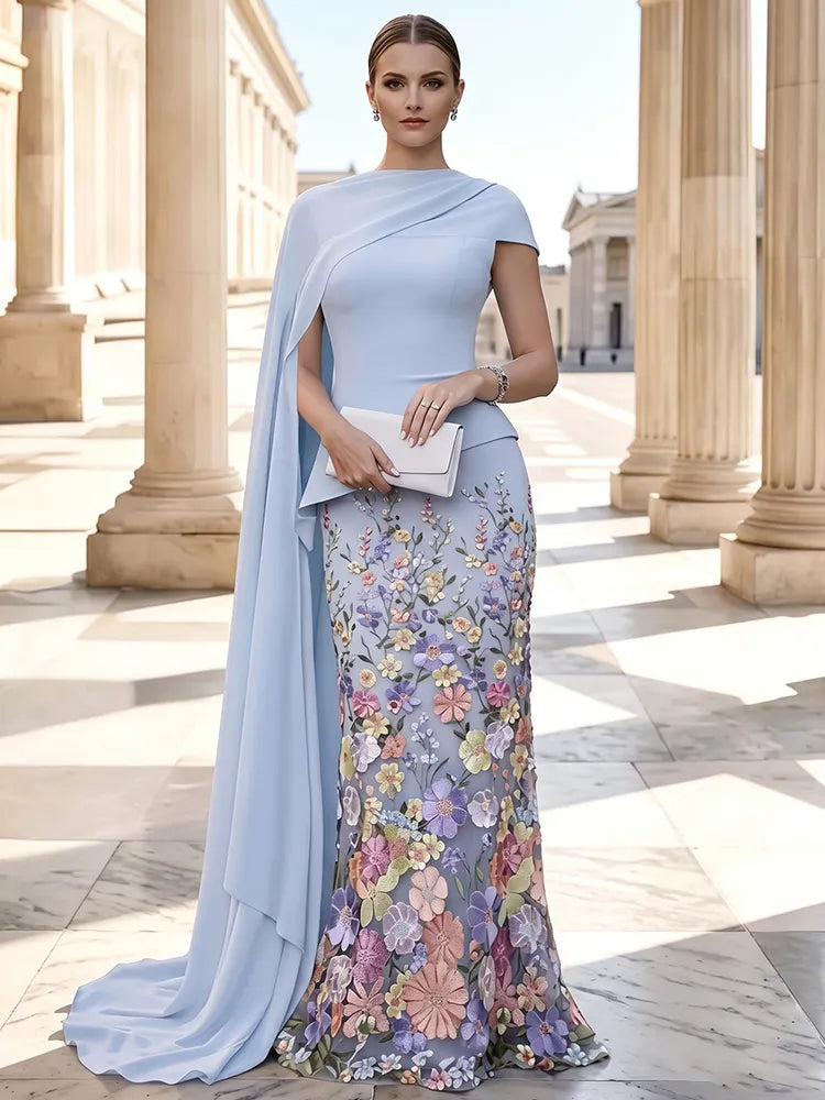 Loverlm light blue floral cape Mother of the Bride floor length dress front view