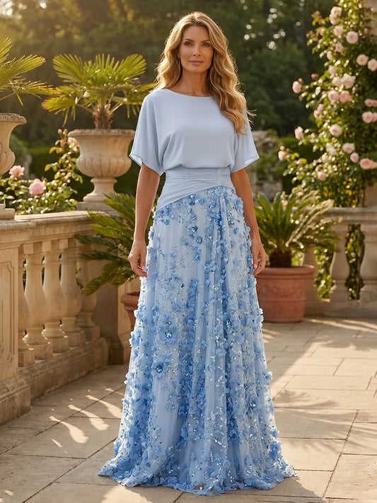 Loverlm light blue Mother of the Bride dress with bateau neckline cape sleeves ruched waist 3D floral embellishment and floor-length A-line skirt