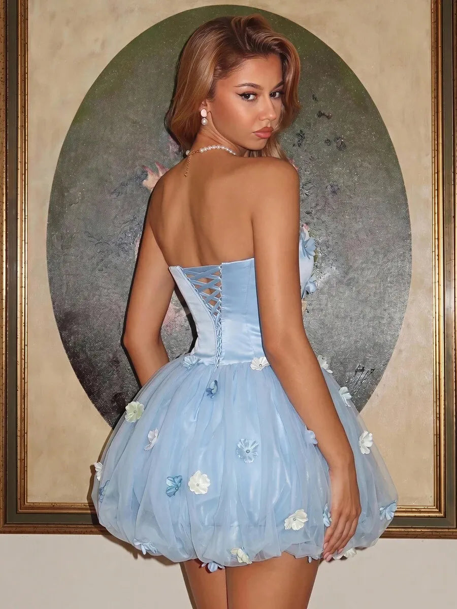 Dreamy A-Line Straight Strapless Lace-Up Back Floral Mini Homecoming Dress