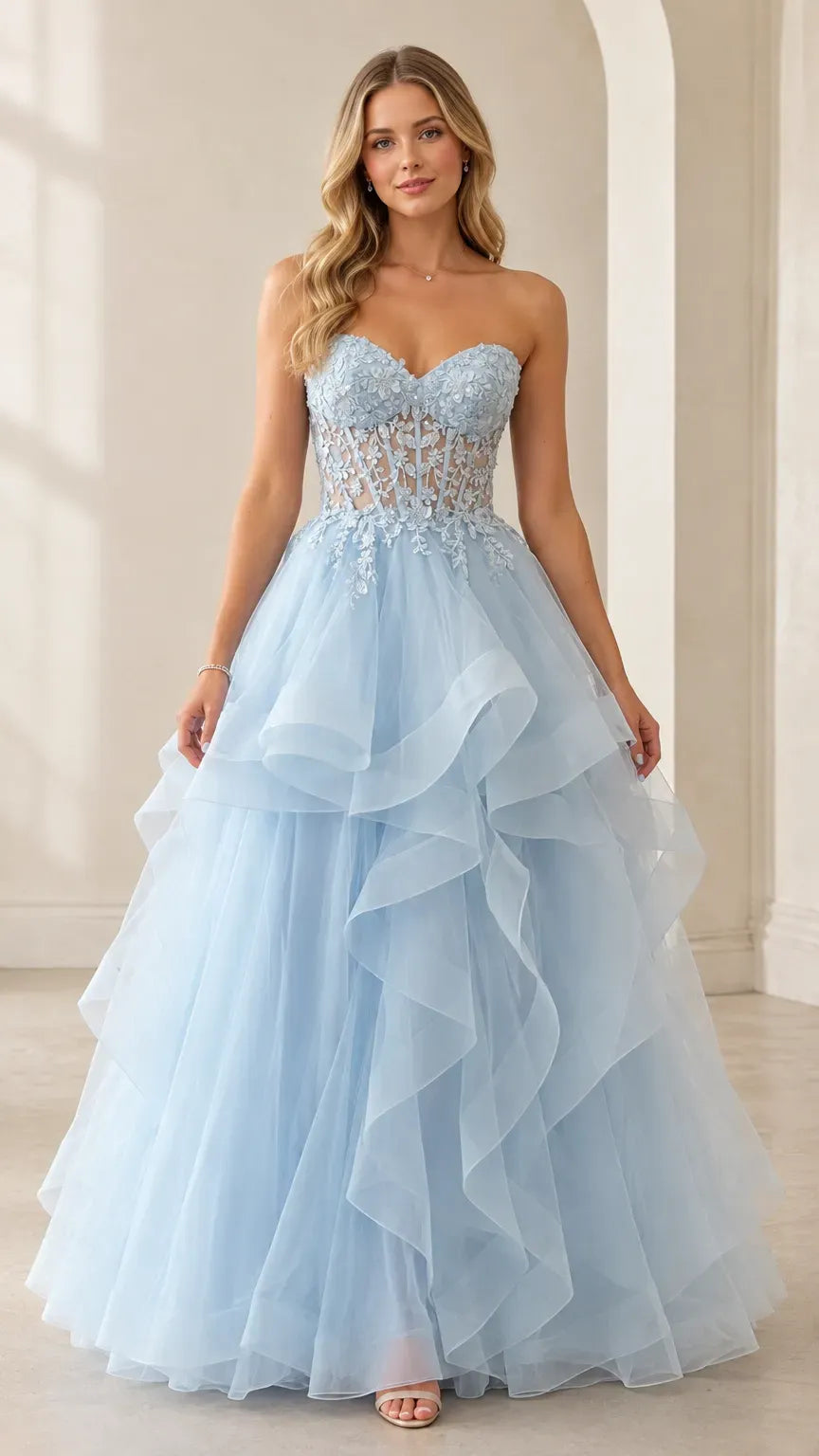 Loverlm light blue formal prom dress with lace-up corset back floral appliqué and cascading ruffle A-line skirt