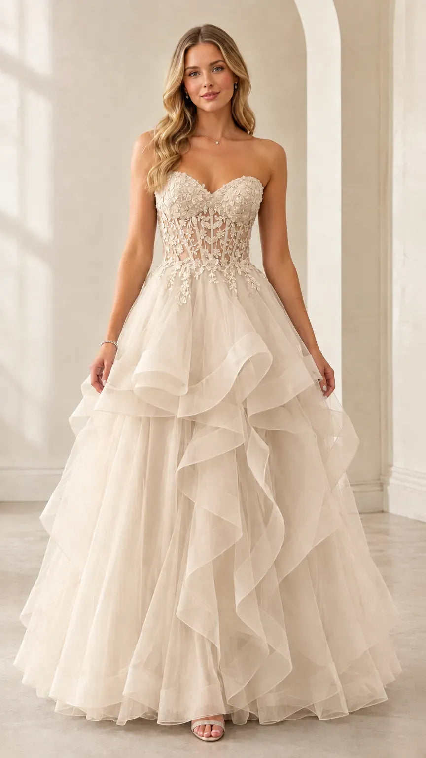 Romantic A-Line Sweetheart Sleeveless Lace-Up Ruffled Floor-Length Prom Dress