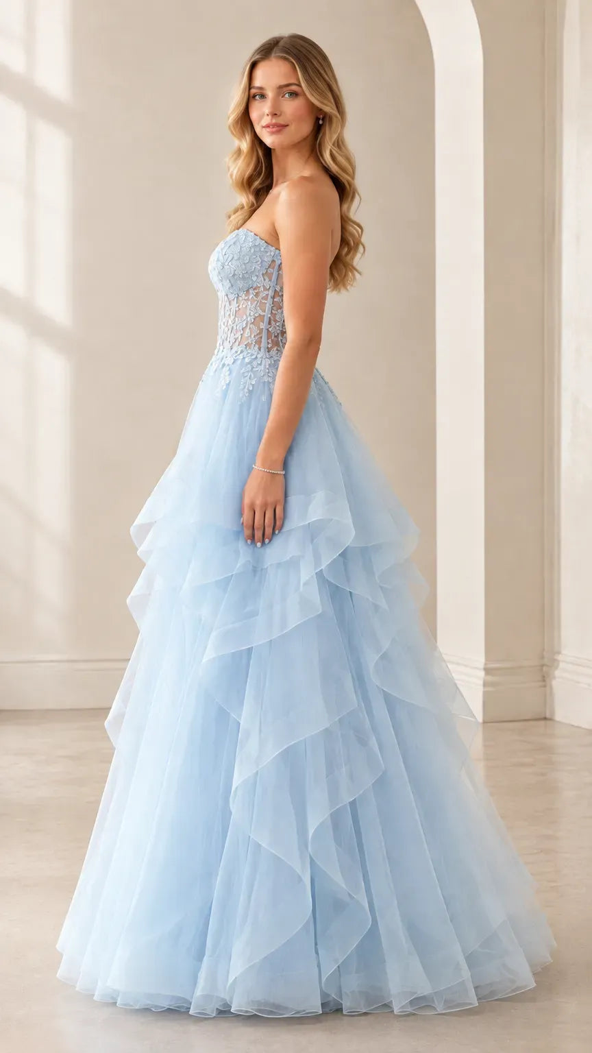 Romantic A-Line Sweetheart Sleeveless Lace-Up Ruffled Floor-Length Prom Dress