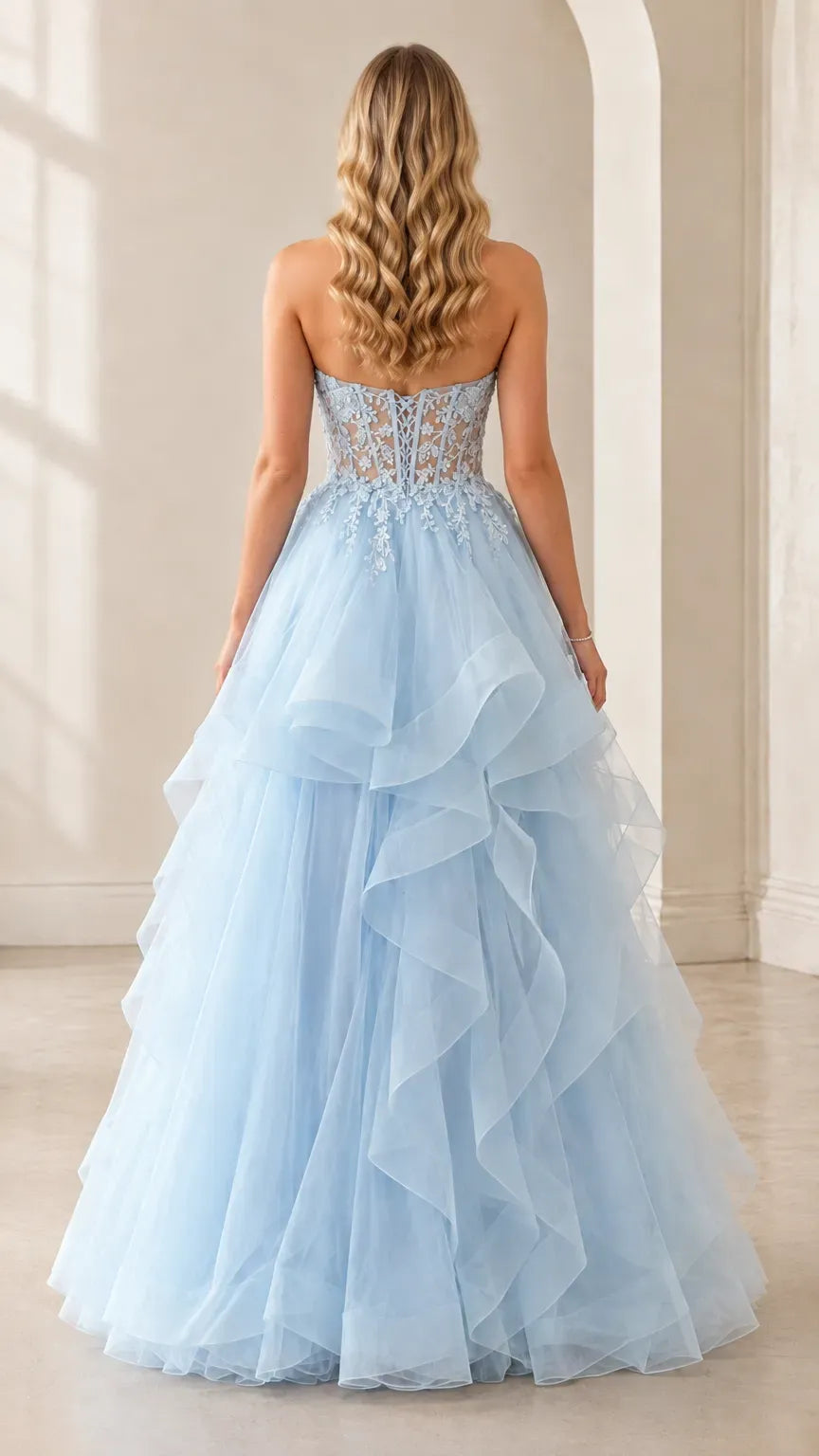 Romantic A-Line Sweetheart Sleeveless Lace-Up Ruffled Floor-Length Prom Dress