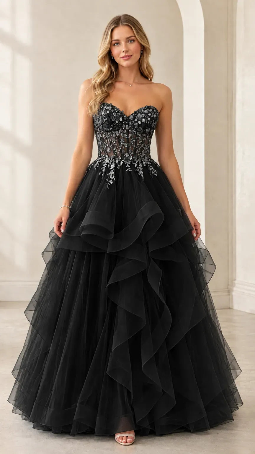 Romantic A-Line Sweetheart Sleeveless Lace-Up Ruffled Floor-Length Prom Dress