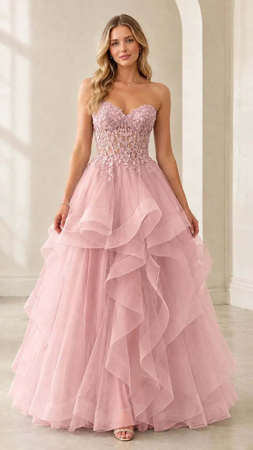 Romantic A-Line Sweetheart Sleeveless Lace-Up Ruffled Floor-Length Prom Dress