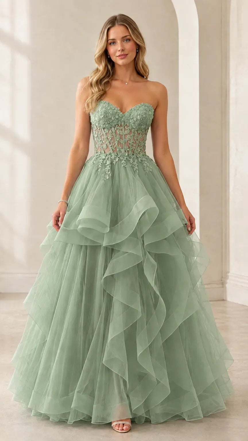 Romantic A-Line Sweetheart Sleeveless Lace-Up Ruffled Floor-Length Prom Dress