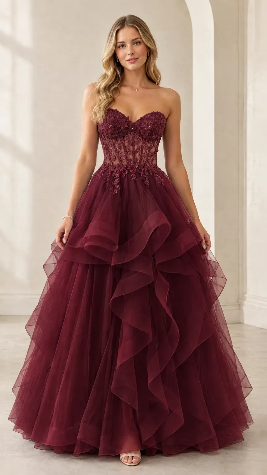 Romantic A-Line Sweetheart Sleeveless Lace-Up Ruffled Floor-Length Prom Dress