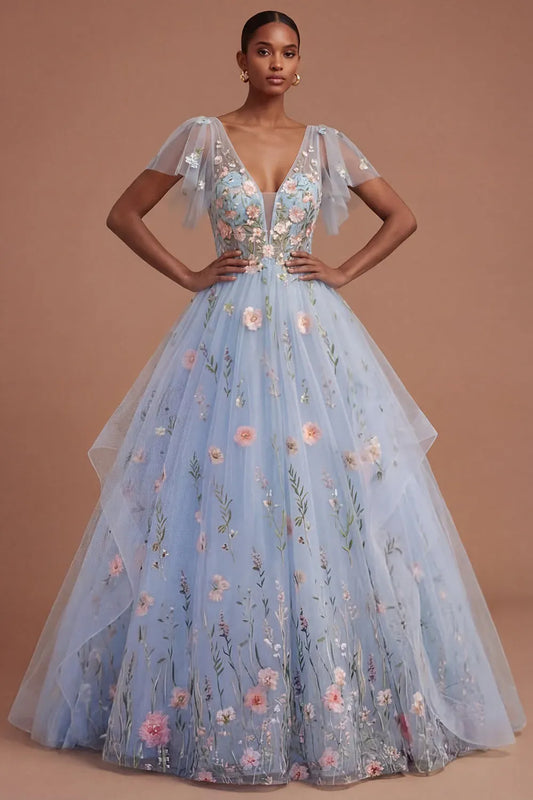 Loverlm light blue floral embroidered ball gown prom dress with plunging V neckline, sheer flutter sleeves and layered tulle skirt front view