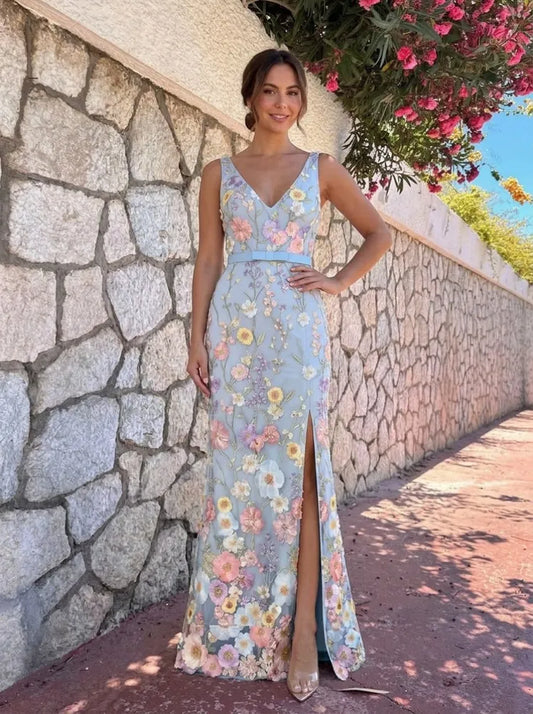 Loverlm light blue floral embroidered Wedding Guest dress with V-neck sleeveless bodice front slit and floor-length skirt