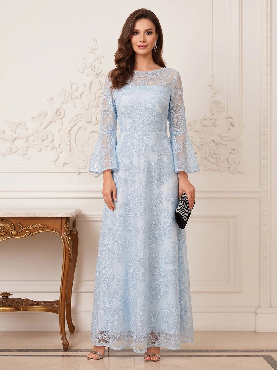 Loverlm light blue A-line mother of the bride dress with illusion neckline, floral embroidered overlay, three-quarter bell sleeves and flowing floor-length skirt front view