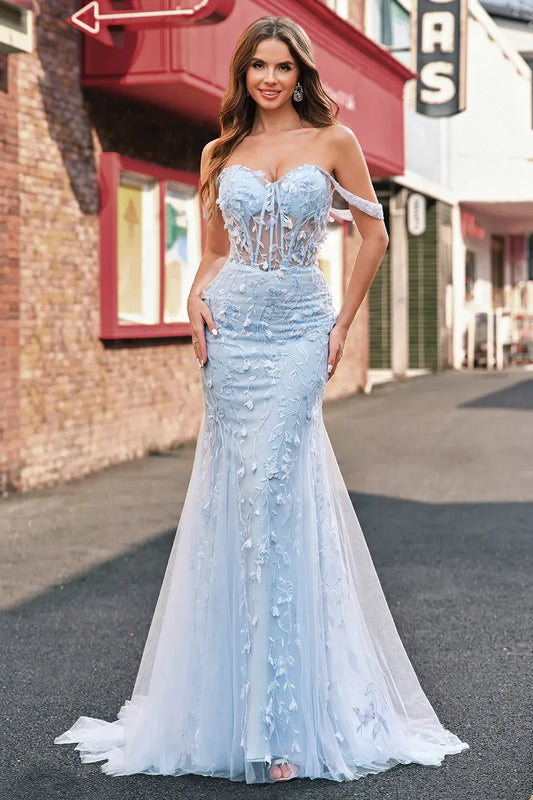 Romantic Mermaid Sweetheart Off Shoulder Lace Up Train Blue Prom Dress