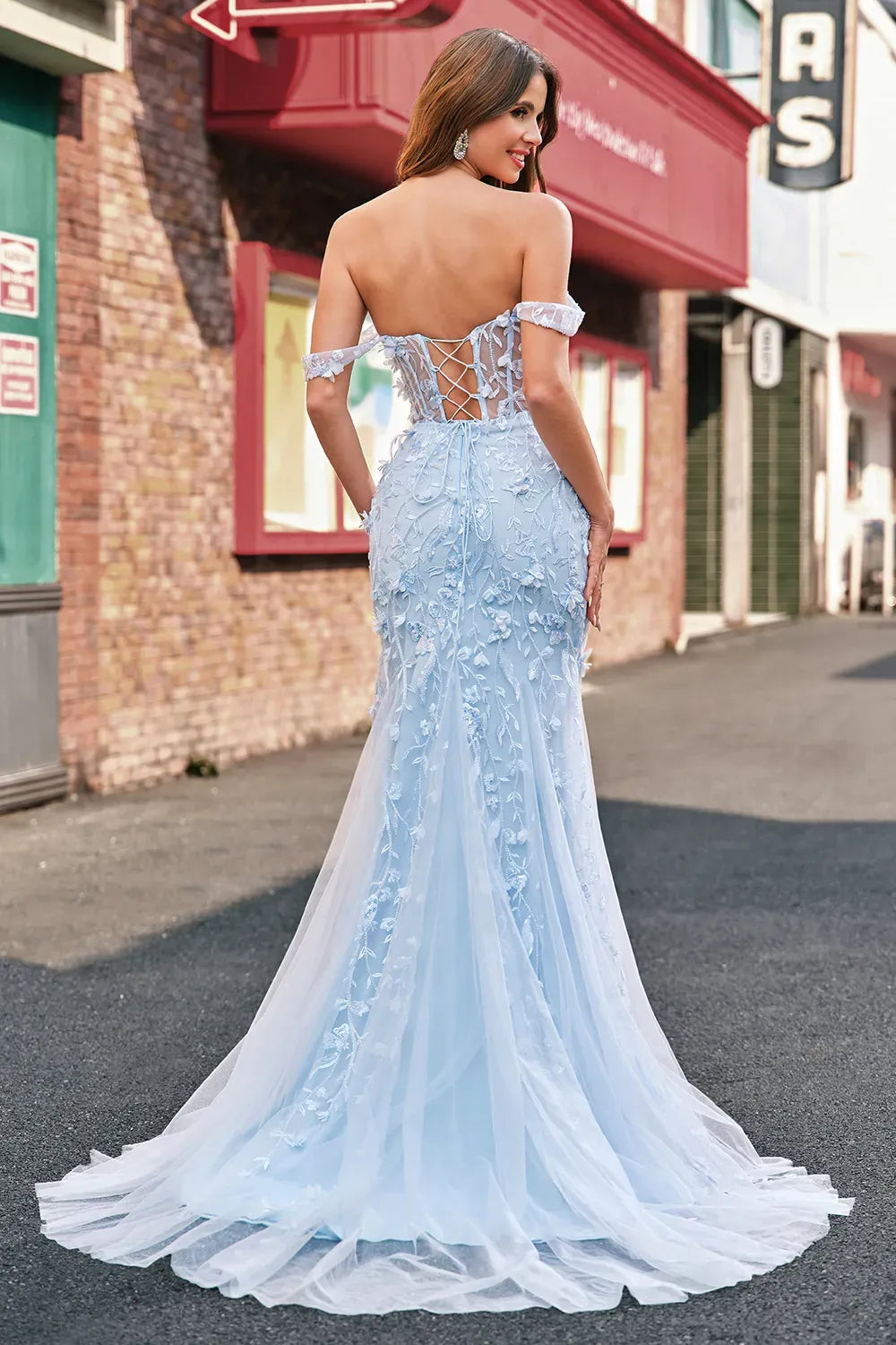 Romantic Mermaid Sweetheart Off Shoulder Lace Up Train Blue Prom Dress