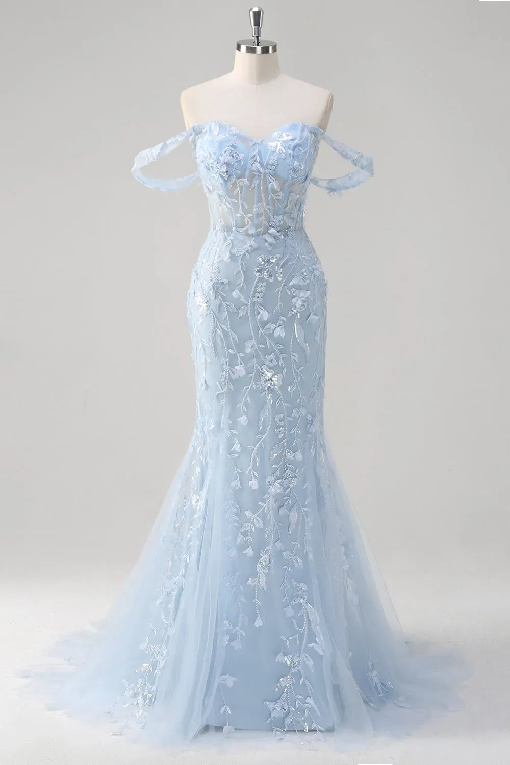 Romantic Mermaid Sweetheart Off Shoulder Lace Up Train Blue Prom Dress