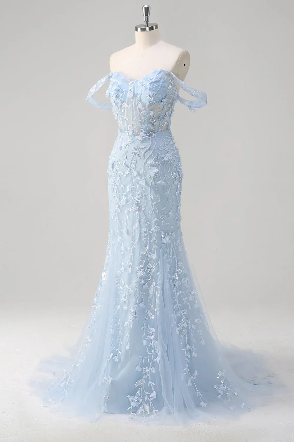 Romantic Mermaid Sweetheart Off Shoulder Lace Up Train Blue Prom Dress