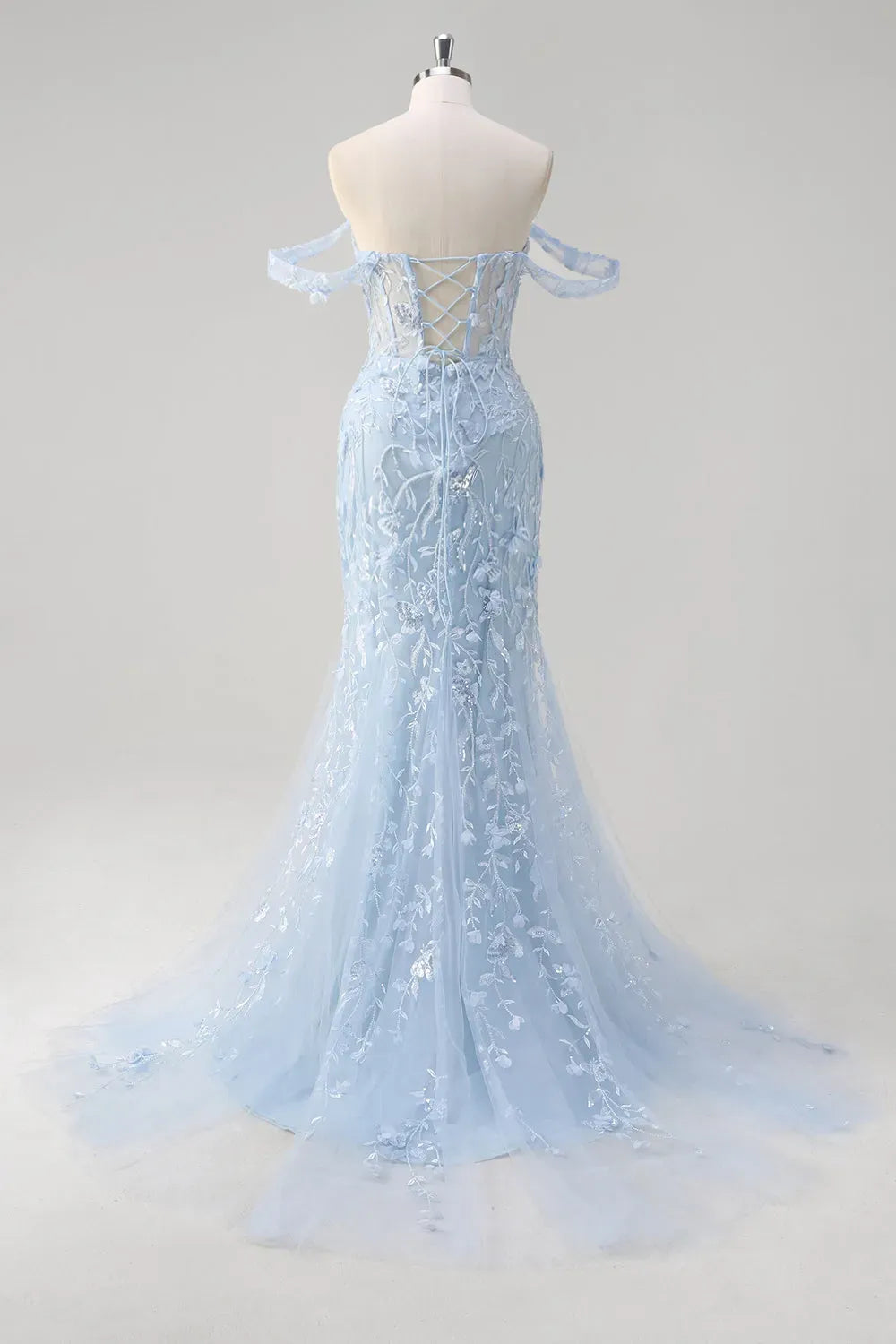 Romantic Mermaid Sweetheart Off Shoulder Lace Up Train Blue Prom Dress