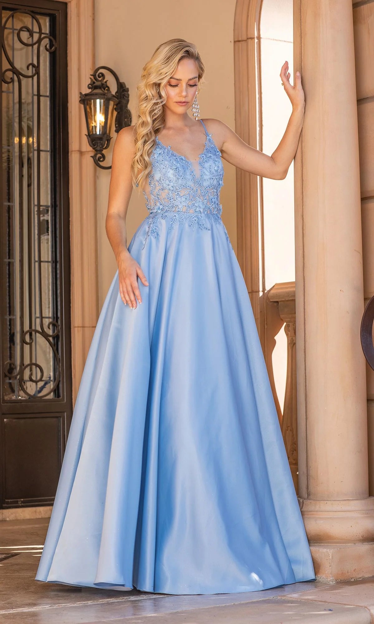 Romantic A-Line V-Neck Sleeveless Satin Floor Length Prom Dress