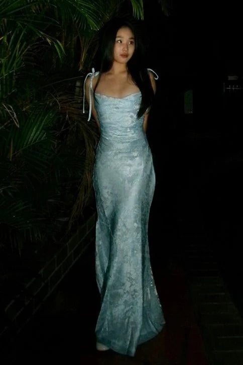 Loverlm light blue floral mermaid prom dress with a scoop neckline, bow tie shoulder straps and a softly flared floor-length skirt.